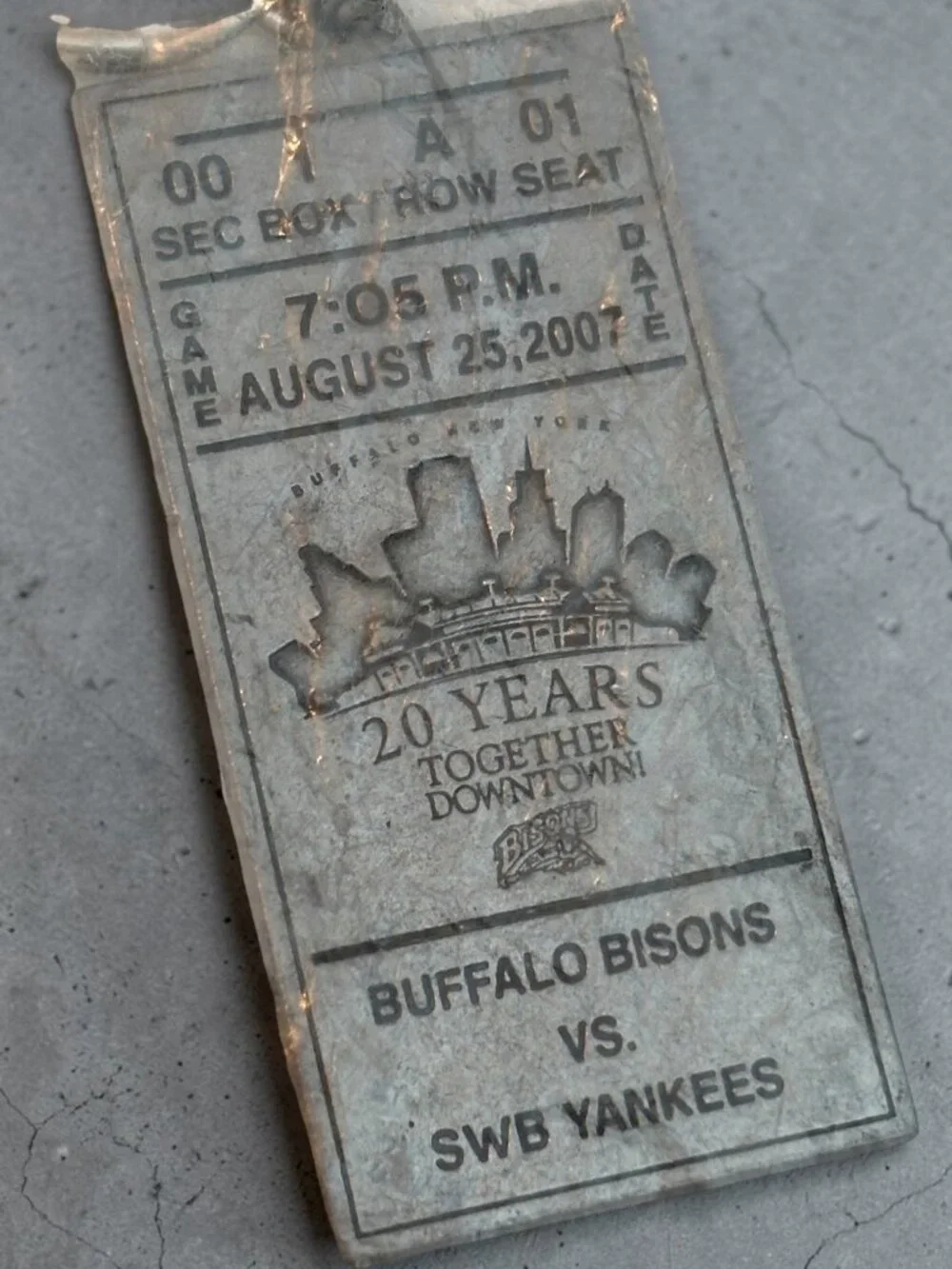 Buffalo Bisons Vs. SWB Yankees 2007 Commemorative Keychain Ticket Design 20 Year